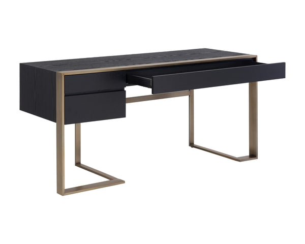 Sunpan Dalton Modern Desk in Black Oak Veneer with Antique Brass Frame - Stylish Storage Solution for All Spaces