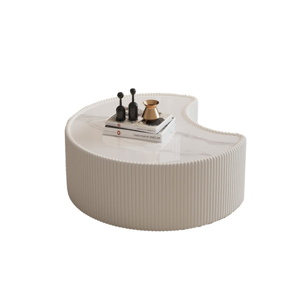 English Elm Light Sintered Stone Organic Sculptural Coffee Table with Leather Base for Living Room Cream White W3081P411152