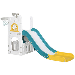English Elm Qaba Toddler Indoor Playset with Slide Climber Basketball Hoop Telescope Storage W2225P217348
