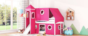 English Elm Twin Castle Loft Bed with Slide Tent Tower and Play Space for Kids Rooms Pink N708P249511H