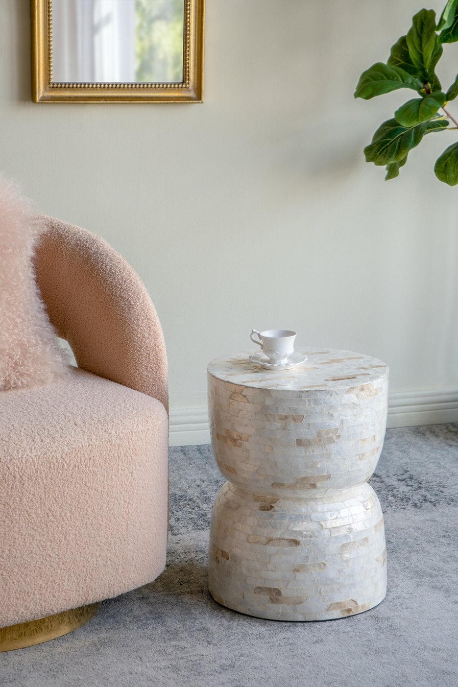 English Elm 14x14x18" Capiz Stool with Ogee Pattern and Brass Base — Modern Geometric Accent Seat for Living Spaces Cream,Gold+White W2078P326506