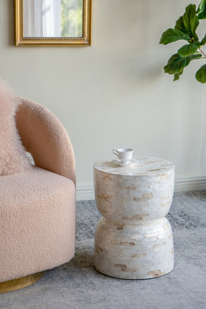 English Elm 14x14x18" Capiz Stool with Ogee Pattern and Brass Base — Modern Geometric Accent Seat for Living Spaces Cream,Gold+White W2078P326506