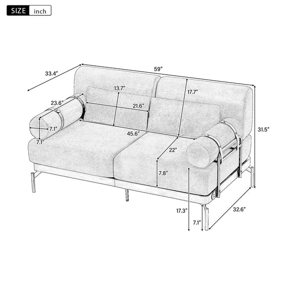 English Elm Modern Loveseat Sofa with Cylindrical Armrests, Built-In USB Ports, Chenille Cushions, Steel Frame Grey N719P290584E