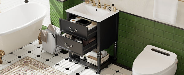 English Elm 24'' Vintage Bathroom Vanity with Ceramic Sink Soft Close Drawers Open Shelf Black N710P411237B