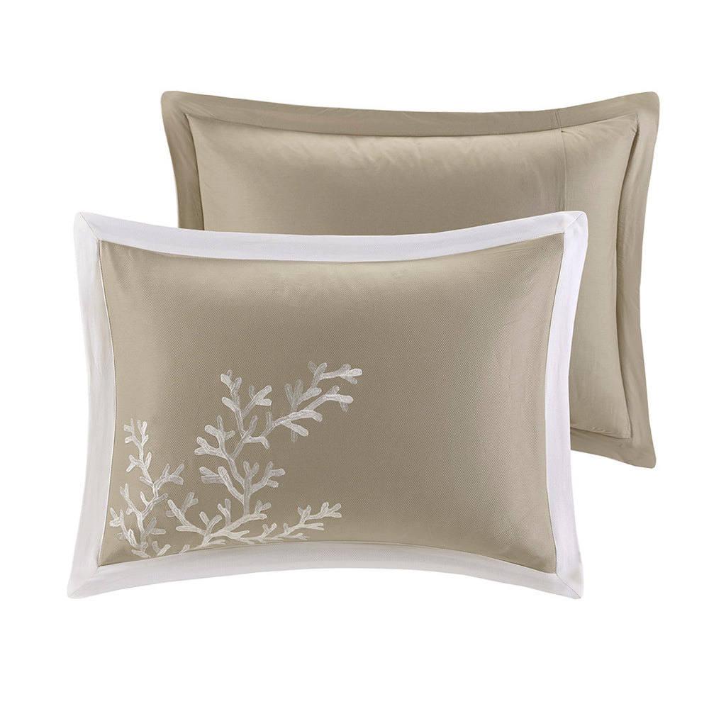 JLA Home Harbor House Blue - 5 Harbor House Coastline Duvet Set — Taupe jacquard with white coral embroidery, pieced border, secure ties 90 L x 90 W x 0.13H HH12-1545
