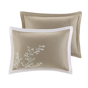 JLA Home Harbor House Blue - 5 Harbor House Coastline Duvet Set — Taupe jacquard with white coral embroidery, pieced border, secure ties 90 L x 90 W x 0.13H HH12-1545