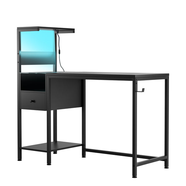 English Elm Computer Gaming Desk with RGB LED Lights, Reversible 4-Tier Shelves, Drawer & Headphone Hook, Space-Saving Workstation Black W578P191952