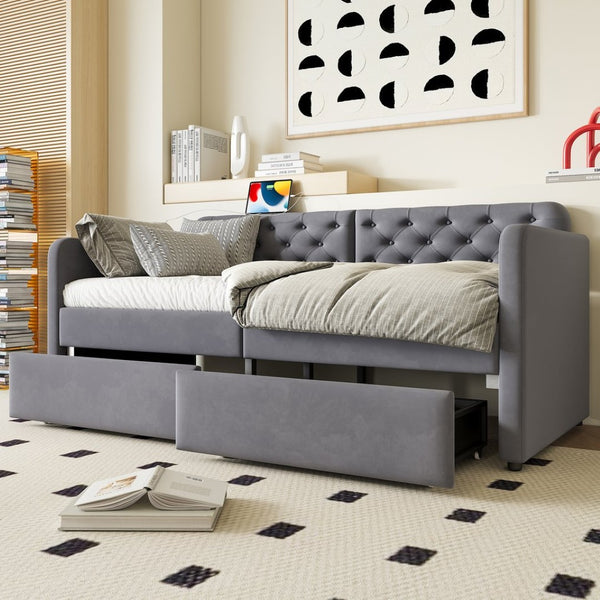 English Elm Twin Velvet Daybed with Storage Drawers Tufted Sofa Bed for Guest or Studio Rooms W1670P410536