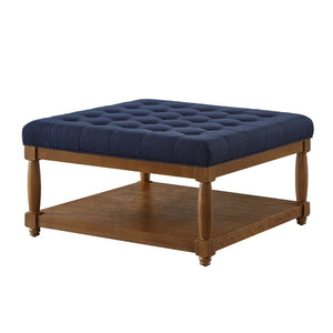 English Elm Large Square Tufted Ottoman with Wood Shelf Upholstered Footrest for Living Room Navy Blue W2186P204185