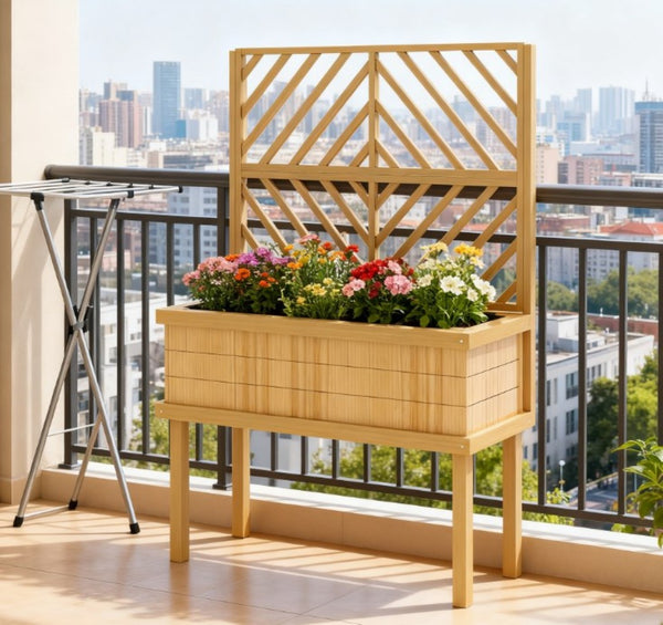 English Elm Self-draining Elevated Fir Wood Planter with Lattice Trellis for Backyard Gardens T3971P422402