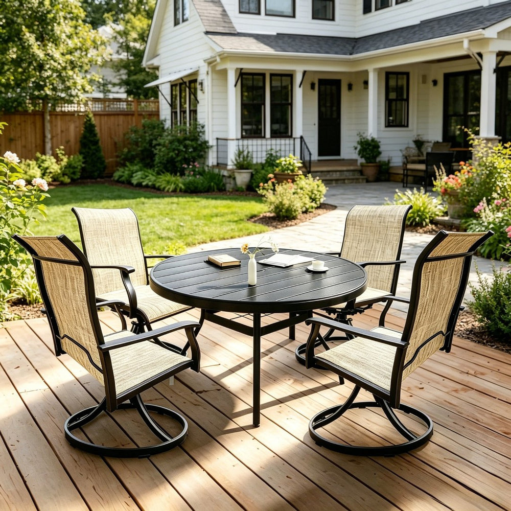 English Elm Outdoor Round Dining Set for Four with Mesh Swivel Chairs and Umbrella Hole Table W213S00058