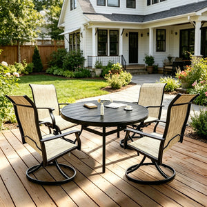 English Elm Outdoor Round Dining Set for Four with Mesh Swivel Chairs and Umbrella Hole Table W213S00058