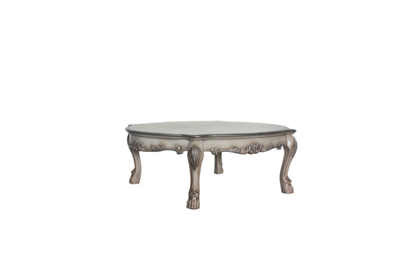 English Elm Dresden Vintage Bone White Resin Coffee Table with Two Felt-Lined Drawers and Scalloped Floral Trim Ivory 59 L x 50 W x 8 H B2726P281469