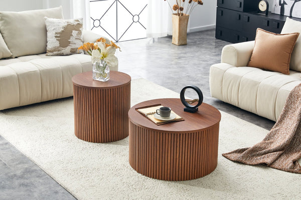 English Elm 2-piece Round Nesting Tables with Fluted Column Base Hidden Storage Oak Grain Finish Walnut W3875P396845