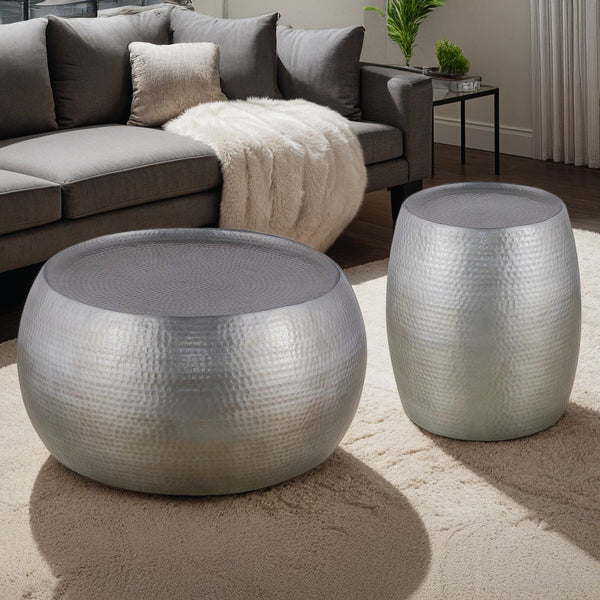 English Elm CT501 Hand-Hammered Round Aluminum Coffee and End Table Set — Drum Design, Textured Accent, No Assembly Required Silver B009S01533
