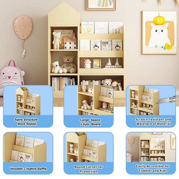 English Elm Wood Kids Wooden Bookshelf Toy Organizer with 6 Compartments, 2 Bins, Durable MDF, Kid-Safe Storage W2876P233553