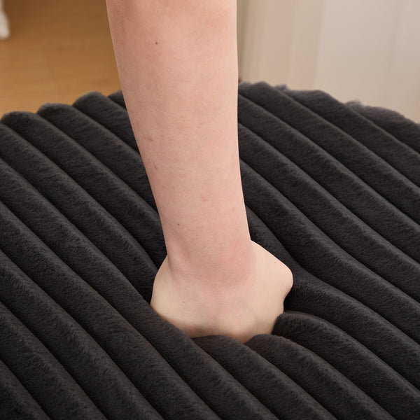 English Elm 30.9"Wide Faux Fur Ottoman with Open Wooden Shelf and Black Metal Legs — Plush Round Coffee Table Seat Charcoal W3098P296974