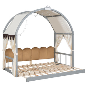 English Elm Twin Pinewood Ground-Level Canopy Bed with Arched Roof and Trundle for Kids—Whimsical, Sturdy Design Gray N820P181648E