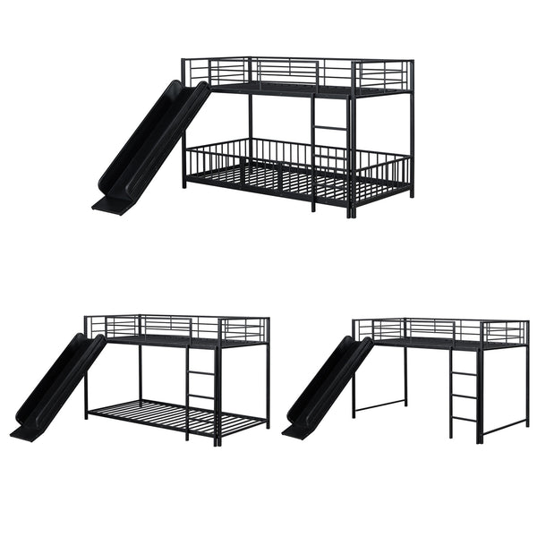 English Elm Twin Twin over Twin metal bunk bed with slide, guardrails and convertible loft design for safety and playfulness Black SF000169AAB