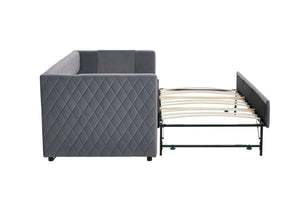 English Elm Grey velvet daybed with diamond-grid pull-out trundle, modern velvet finish, sturdy wooden frame for guest-ready style W1361S00032