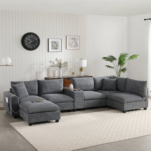 English Elm 139'' U-shaped Corduroy Sectional with Ottoman Console Usb Port and Cup Holders for Living Gray N723S1166E