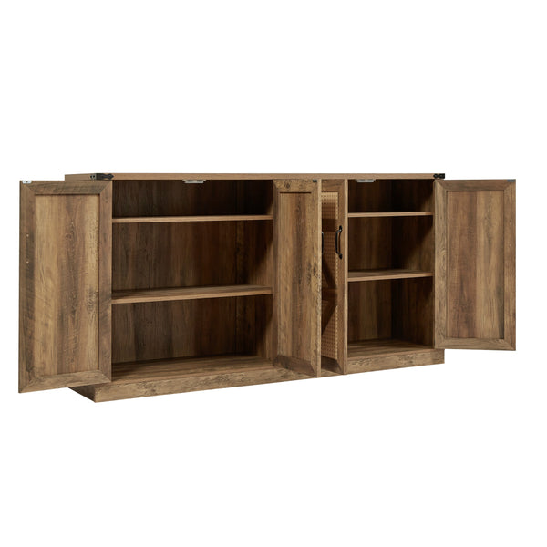 English Elm 65-Inch Slate Gray 3D Faux Rattan Sideboard with Barn-Style Doors, Magnetic Closure & Adjustable Shelves Oak W2702P184359