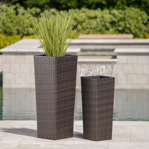 English Elm Christopher Knight Home® - Rattan Wicker Flower Pot Set with Iron Frame, Durable Polyethylene Wicker Planters, No Assembly Needed Brown 57802.00LMSETMBN