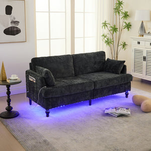 English Elm Modern chenille 2-seater sofa with LED lighting, USB charging, storage pocket, sturdy wood legs Black W395P318548