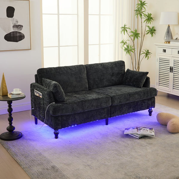 English Elm Modern chenille 2-seater sofa with LED lighting, USB charging, storage pocket, sturdy wood legs Black W395P318548