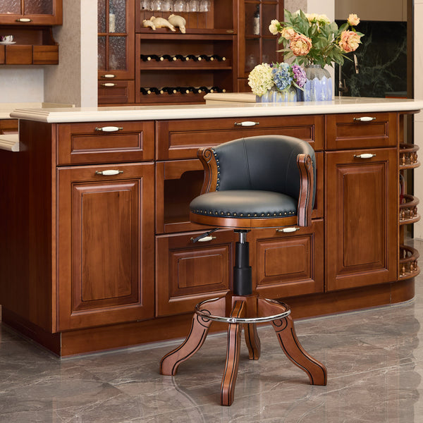 English Elm Counter Cow Top Leather Wooden Bar Stool with Back, 360° Swivel, Adjustable Height, Blue Finish W2195P331499