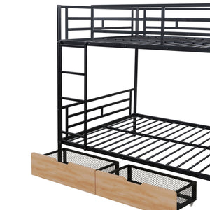 English Elm Full Full Size Metal Bunk Bed with Built-in Desk, Light, 2 Drawers, Shelves, Sturdy Space-Saver Black GX001517AAB