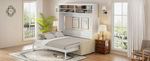 English Elm Queen Murphy Wall Bed with Integrated Sofa Linen Upholstered for Studio Apartments White LP000892AAK-1