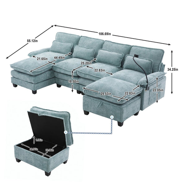 English Elm United We Win 106" U-Shaped Sectional Sofa With Ottoman, Usb Ports & Dual Side Pockets For Comfort W1568S00230-GIGA