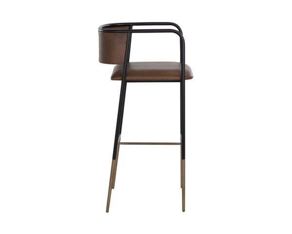 Sunpan Brenan Counter Stool - Elegant Curved Backrest, Unique Faux Leather, Black Metal Frame & Brass Caps Bravo Cognac