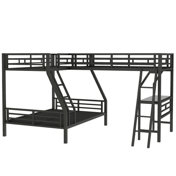 English Elm Twin Triple Bunk Bed with Loft, Desk & Shelf — Metal Black L-Shaped Sleep/Study Space, No Box SpringNeeded SM000606AAB