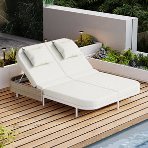 English Elm TREXM Outdoor Daybed with Dual 5-Position Adjustable Backrests, UV-Resistant Rattan & Removable Cushions Beige+White TM000021AAA