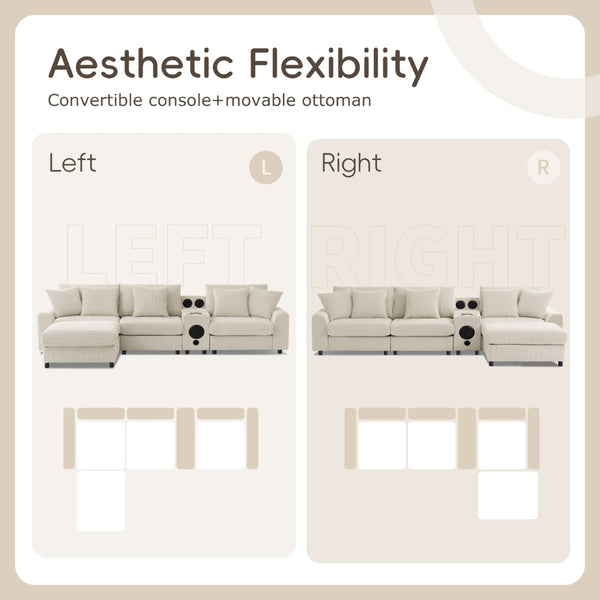 English Elm [video]112*64'' Corduroy L-shaped Sectional Cloud Sofa with Bluetooth Console Ottoman Living Room N723S1756A