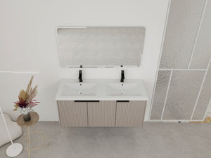 English Elm 48" Modern Wall-Mounted Bathroom Vanity With Double Sink, Soft-Close Doors & Stylish Wavy Panels W999S00353