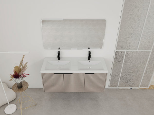 English Elm 48" Modern Wall-Mounted Bathroom Vanity With Double Sink, Soft-Close Doors & Stylish Wavy Panels W999S00353