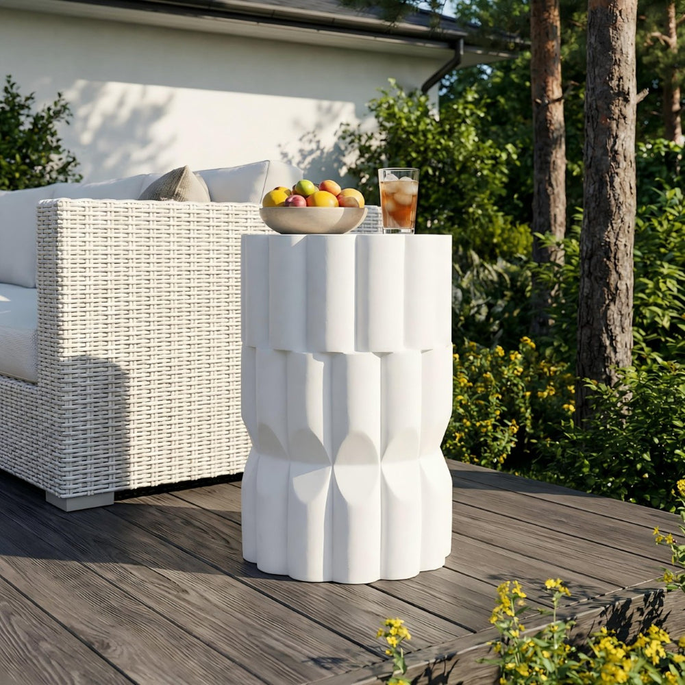 English Elm 13 Inch Handmade Mgo Geometric Side Table Sculptural Matte Accent for Indoor Outdoor White N772P390780W