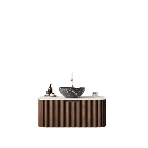 English Elm Dina Floating Bathroom Vanity Sintered Stone Top Glass Basin Striped Plywood Cabinet W2615S00278