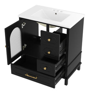 English Elm 30" Freestanding Bathroom Vanity Solid Wood Cabinet Ceramic Basin 3 Drawer Storage Black W1580P382511