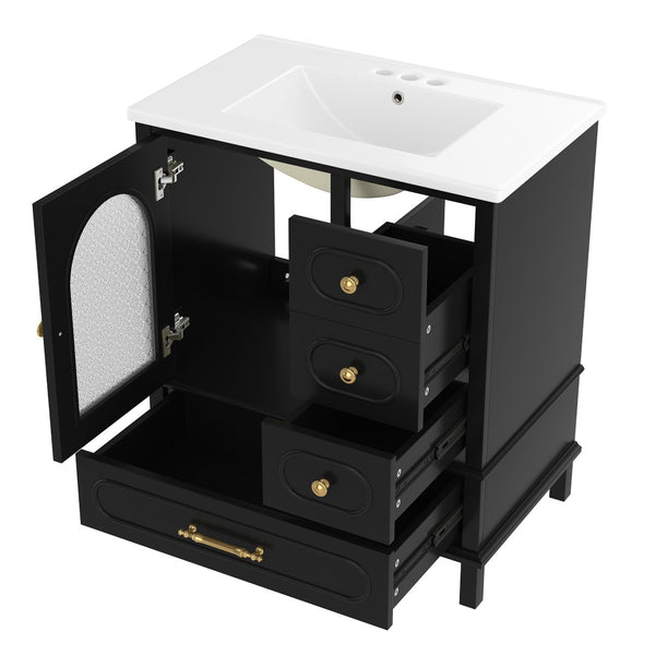 English Elm 30" Freestanding Bathroom Vanity Solid Wood Cabinet Ceramic Basin 3 Drawer Storage Black W1580P382511