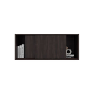 English Elm Stained Walnut Floating Wall Cabinet with Sliding Door and Open Display Shelves B062P476872
