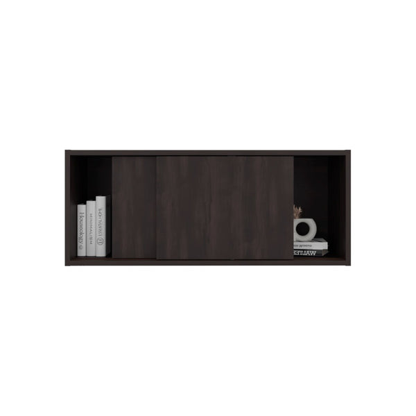 English Elm Stained Walnut Floating Wall Cabinet with Sliding Door and Open Display Shelves B062P476872