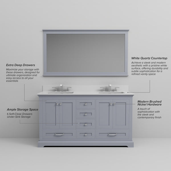 English Elm Dark Grey Double Bath Vanity With White Quartz Top, Spacious Storage, And Large 58" Mirror Included B2731S00657