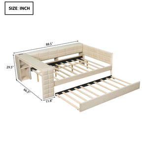 English Elm Full Size Upholstered Platform Bed With Desk, Usb Charging, Trundle & Storage Shelves In Beige Velvet N7090000604A