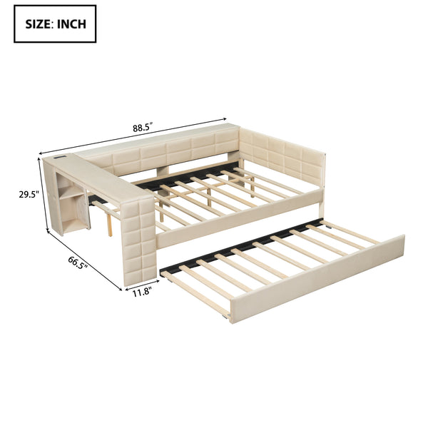 English Elm Full Size Upholstered Platform Bed With Desk, Usb Charging, Trundle & Storage Shelves In Beige Velvet N7090000604A