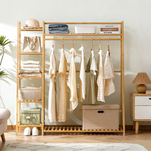 English Elm Bamboo Garment Rack Freestanding Closet Organizer with Shoe Shelf for Entryway W3101P417700
