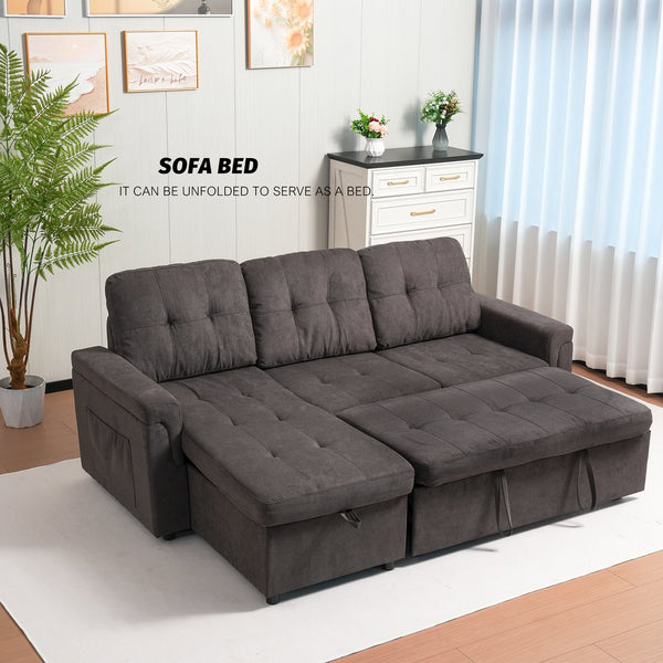 English Elm Upholstered L-Shaped Sleeper Sofa with Reversible Storage, Pull-Out Bed & Breathable Flannel Finish W3138S00001